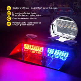Xprite 2×11 inch High Intensity Red Blue 32 LED Emergency Strobe Dash Lights, Interior Windshield Flashing Police Light w/Suction Cups for Police Law Enforcement POV Vehicles Trucks