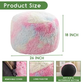 HIGOGOGO Round Stuffed Pouf Ottoman, Long Faux Fur Poufs with Foam Chunk Filling, Fluffy and Furry Pouf Foot Stool Storage Ottoman, 26 X 18 Floor Poufs Foot Rest for Living Room, Rainbow