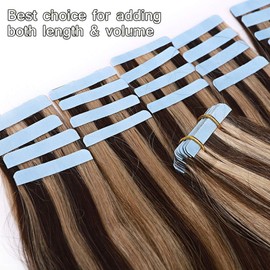 Rooted Remy Tape in Hair Extensions Ombre Tape on Human Hair Medium Brown mixed Dark Blonde Straight Balayage Skin Weft Hair Extensions (18'',50g/20Pcs,#4&27)