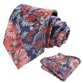 Alizeal Mens Tie with Hanky Set Floral Silky for Wedding Party Necktie and Handkerchief Set, Navy+Red+Coral