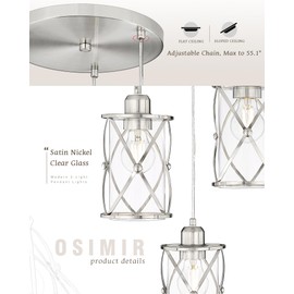 Osimir Brushed Nickel Dining Room Chandelier Light Fixture, 3-Light Pendant Lighting with Clear Glass, Modern Kitchen Island Cluster Hanging Pendant Lights for Sink, CH9176BN3
