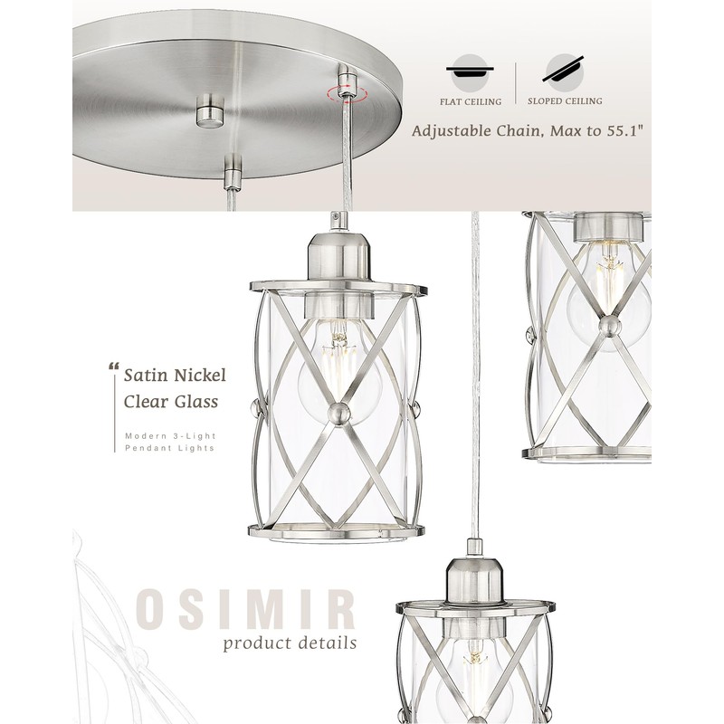 Osimir Brushed Nickel Dining Room Chandelier Light Fixture, 3-Light Pendant