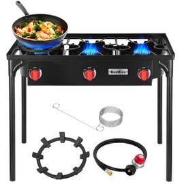 Bestfire 3 Burners Camping Stove for Cooking Outdoor, 225,000 BTU Propane Burners with Ignition wire&Removable Legs, Temperature Control Knobs and 20 PSIG High Pressure Regulator for BBQ