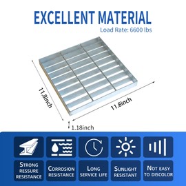 Galvanized Steel Drain Grate,11.8x11.8 Heavy Duty Outdoor Drain Cover,B125 Class Channel Grate,Rust-Proof Metal Sewer Grate,Silver Square Drainage Grate for NDS 12x12 Catch Basin