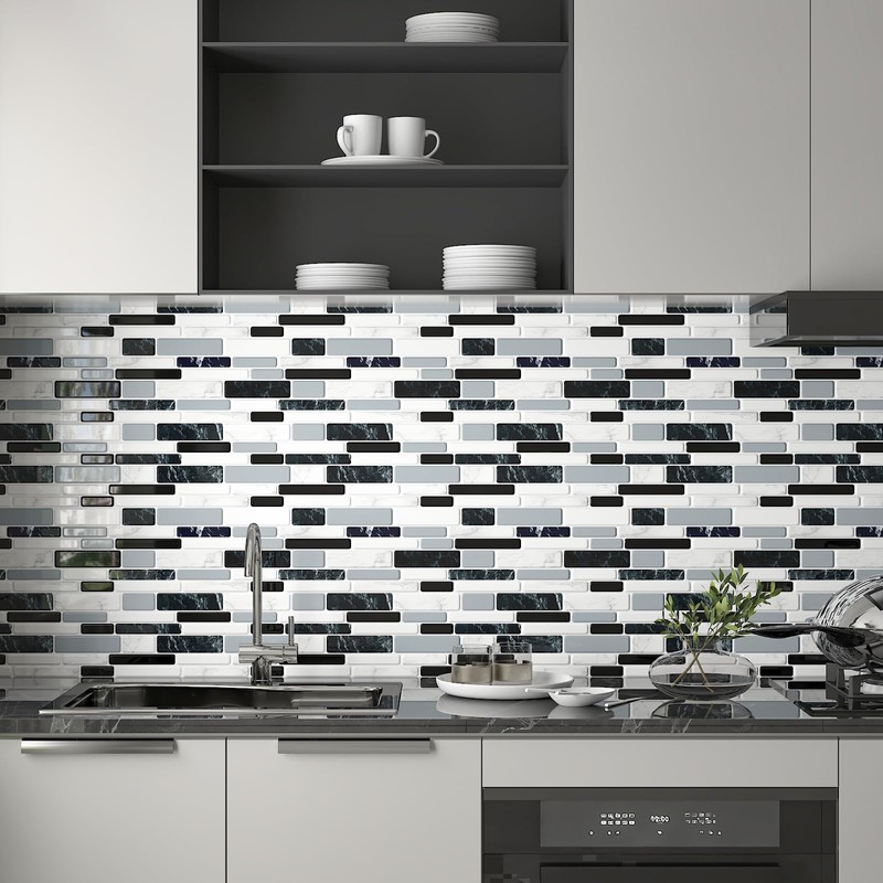 CHIHUT 6 Sheets 12"x12" Black White Gray Marble Mosaic Peel