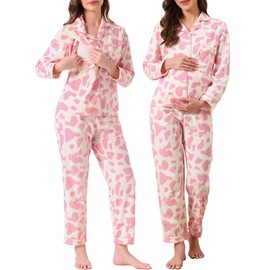 cheibear Womens Maternity Pajama Set Cotton Floral Leopard Long Sleeve Elastic Waist Adjustable Pants Nursing Breastfeeding Medium Pink