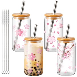Zhehao 4 Pcs Sakura Boba Cups 16oz Iced Coffee Cups Mason Jar with Lid and Straw Kawaii Cup Cute Glass Cups with Sakura Design Reusable Wide Mouth Boba Tumbler Christmas Bubble Tea Cup Gift