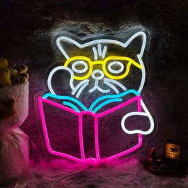 Cat Neon Sign Old Cat Reading Neon Sign Used in Library Bookstore Study Room Classroom Wall Decoration Gift for Book Lovers