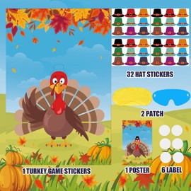 Hooqict Thanksgiving Games for Kids Party Pin The Hat on The Turkey Games Thanksgiving Activities Fall Autumn Party Decorations, Large Pin The Tail Game Poster with 36 Hat Stickers