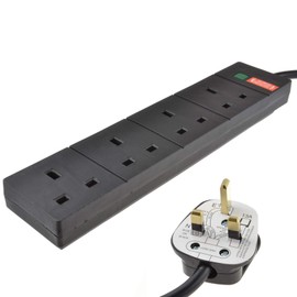 kenable Surge Protected 4 Gang Way Mains Extension Socket UK 13A Black 1m [1 metres]
