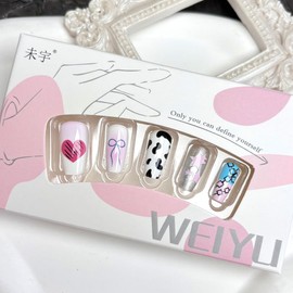 Summer Press on Nails Medium Coffin Star Bow False Nails With 3D Rhinestones Glossy Heart Glue on Nails Full Cover Acrylic Nails for Women Spring Summer Nail Art Supplies