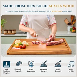 [2025 Upgraded] Bearchop Acacia Wood Cutting Board for Kitchen with 2-Side Reinforced Bar for Crack/Warp Resistance,[17"x13"x1"] Solid Wood Cutting Boards with Juice Groove & Handle, Gift Box included