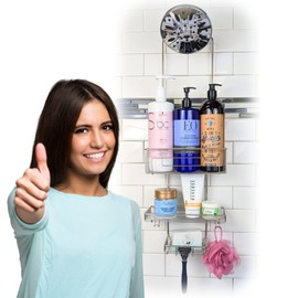 Gecko-Loc SHS-015EXT Extra Long Adjustable Hanging Shower Caddy, Over-the-Showerhead Organizer for Shampoo, Soap, Razors, Rustproof Stainless Steel, Silver