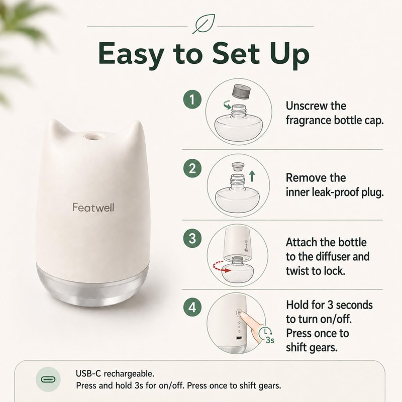 Waterless Diffuser with Leak-Proof Refill, 4 Mist Modes, Green Tea