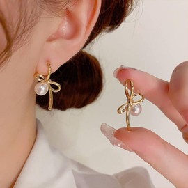 Stocking Stuffers for Women Bow Earrings for Women Gold Pearl Bowknot Earrings Sparkly Rhinestone Bow Long Tassel Earrings Cute Bow Jewelry Christmas Gifts for Women