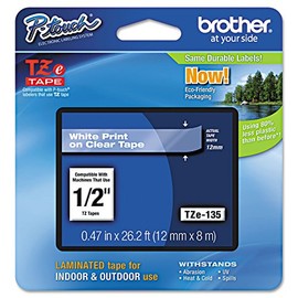 BROTHER - Cinta P-Touch TZE-135 genuina, cinta P-Touch laminada estándar de 1/2 pulgada (12 mm), blanca sobre transparente, laminada para uso en interiores o exteriores, resistente al agua, 8 m (26,2 pies), paquete individual