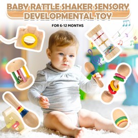 6pcs Different Wooden Baby Toys for 6-12-24 Month Old Toddlers Montessori Toy for 1 Year Old Sensory Musical Rattles Toy Safe and Non-Toxic Wood, Birthday Gift for Boys and Girls
