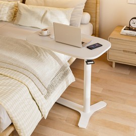 Muvai 30 Inch Overbed Table with Wheels Bedside Table Rolling Couch Desk Hospital Desk for Home Medical Use - Pneumatic Lap Desks, White 30" W x 17.7" D