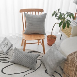 Home Brilliant Grey Cushion Cover Striped Corduroy Decorative Pillows for Bed Sofa Cushion Covers, Pack of 2, 65x65 cm, 26 inch, Light Grey