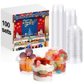 SiliFine 3.5 Oz-100 Sets Clear Plastic Cups with Dome Lids No Hole, PET Disposable Small Dessert Cups for Fruit Yogurt, Ice Cream, Pudding, Smoothie, Cupcake, Snack