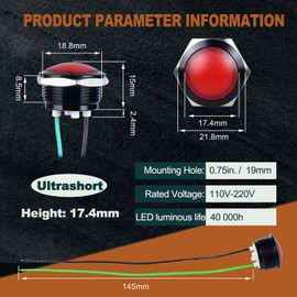 DMWD 2PCS 19mm 110VAC 125VAC Metal Indicator Light 20mA Waterproof IP67 Single lamp LED Pilot Lamp Raised Head with Wire for Household appliances, DIY, (Red LED) Black Anodized Shell