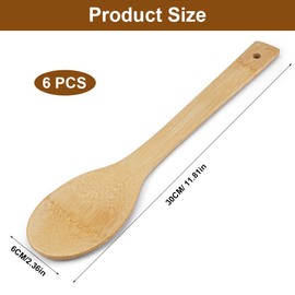 Set of 6 Wooden Cooking Spoons, Length 30 cm, Kitchen Utensils Made of Bamboo, Wooden Spatula, Kitchen Bamboo Spatula for Mixing and Stirring Food When Cooking, Accessories Kitchen Utensils