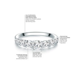 Trilani Women's Engagement Ring Sterling Silver with White Zirconia in Brilliant Cut - Memoire Ring with Stone Wedding Ring for Wedding, Cubic Zirconia