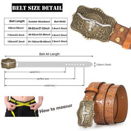 HinyBoeh Western-PU-Leather-Belts for Men and Women Cowboy-Cowgirl Longhorn-Bull-Pattern-Engraved-Buckle-Belt for Unisex