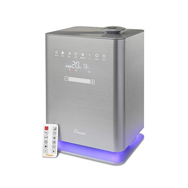 Crane Warm & Cool Mist Top Fill Humidifier with Remote, 1.2 Gallon, 500 Sq. Ft Coverage, UV Ionizing Light, Metallic