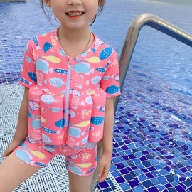 Digirlsor Kids Floatation Swimsuits Baby Boys Girls One Piece Float Suit Short Sleeve Swim Vest Zip up Buoyancy Swimwear +Cap Pink