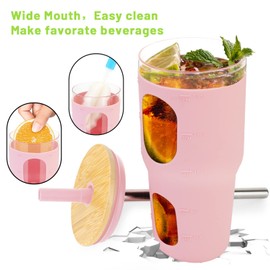 Tronco 32 Oz Tumbler with Straw and Lid, Reusable Drinking Glass Cup with Time Marker, Silicone Sleeve, Fits Cup Holder and Without BPA for Smoothie, Tea, Iced Coffee (Pink)