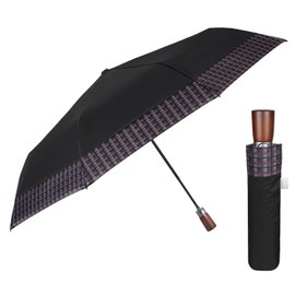 PERLETTI Black Men's Automatic Umbrella with Pattern - Windproof Pocket Umbrella Tartan with Handle - Men's Umbrella Lightweight Storm Resistant Windproof - Diameter 96 cm, Brown tartan trim