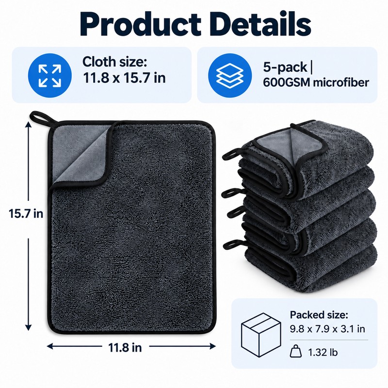 Microfiber Car Wash Towels for Auto Detailing – 600GSM Ultra-Absorbent