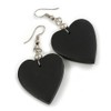 Black Wood Heart Drop Earrings - 60mm L