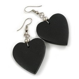 Black Wood Heart Drop Earrings - 60mm L