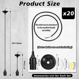 Retisee 20 Pack Hanging Pendant Light Cord Kit Bulk Set E27 Base 4ft Adjustable Hanging Heavy Duty Industrial Edison Bulb Lamp Swag Light Kit for Kitchen Dining Room Terraces, Restaurants, Cafes, Bars