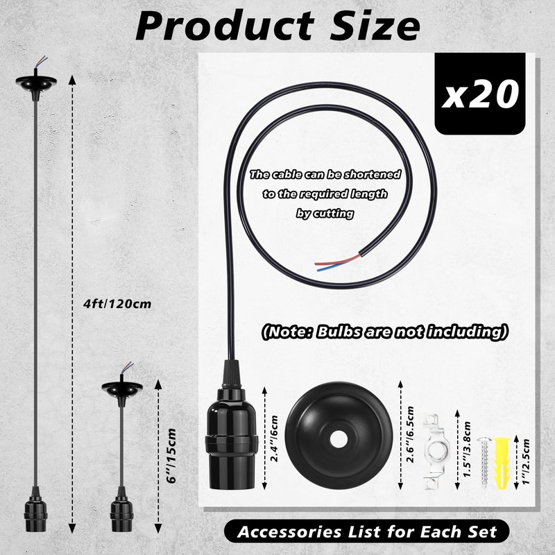 Retisee 20 Pack Hanging Pendant Light Cord Kit Bulk Set
