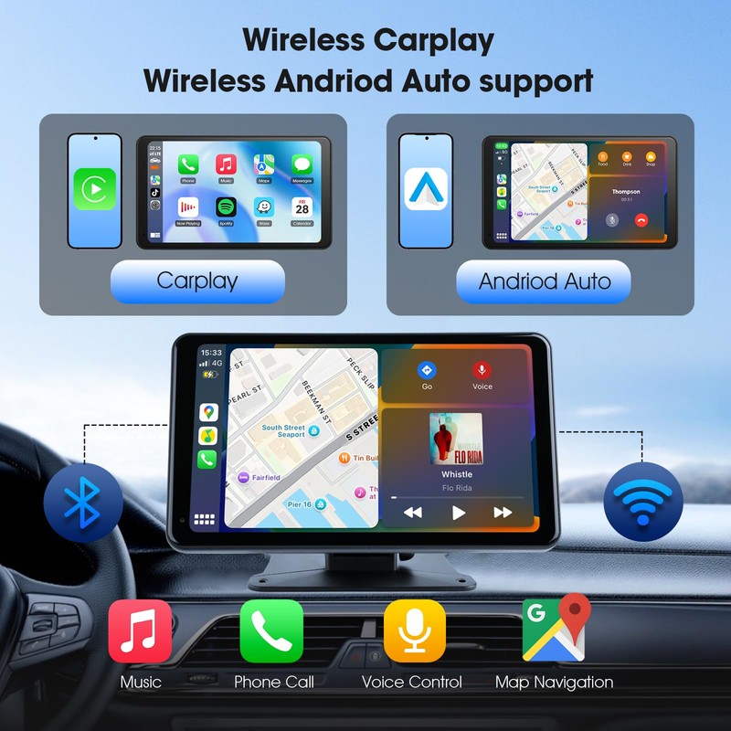 7" Portable Wireless CarPlay & Android Auto Car Stereo with