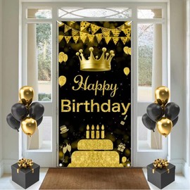Birthday Party Decorative Door Cover, Large Black & Gold Happy Birthday Door Banner Sign, Photo Booth Backdrop Background Banner for 10 20 30 40 50 60 Birthday Party Favor and Supplies