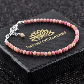 InfinityGemsArt Natural Pink Rhodonite Gemstone Full Micro Beads Dainty Bracelet Jewelry for her, Birthstone, Energy Healing Crystals, Silver Plated Chain 8 inch