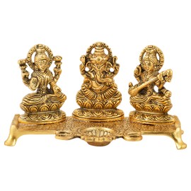 Houzzplus Laxmi Ganesh Saraswati Idol - Decorative Platter with Diya - Laxmi Ganesha Murti - Showpiece - Antique Gift (19 cm x 9 cm x 10 cm, Gold)