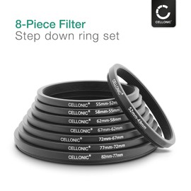 CELLONIC 8-Piece Step Down Ring Set Lens Filter Stepping Down Adapter Ring Mount Adapter Kit 52-49mm, 55-52mm, 58-55mm, 62-58mm, 67-62mm, 72-67mm, 77-72mm, 82-77mm Filters, Hoods, Lens Converters