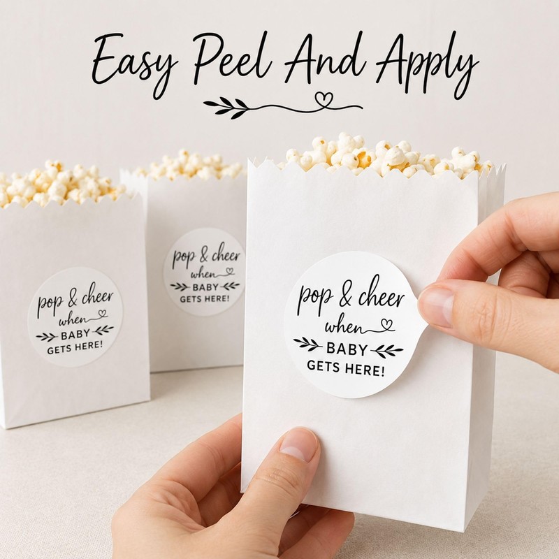 Baby Shower Popcorn Favor Stickers: 120 Round Pop and Cheer