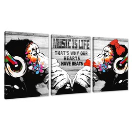 Novatique Banksy Canvas Wall Art Graffiti Style Street Wall Art Music is Life Monkey Cool Painting Print Graffiti Art Wall Decor for Living Room Bathroom, 12" x 16" x 3Pcs