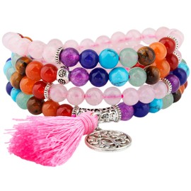 Shanxing 6mm Rose Quartz & Chakra Crystal 108 Prayer Beads Mala Wrap Bracelet for Women, Pink Worry Beads Decorative Healing Crystal Bracelet Jewellery Gift Buddha Reiki Meditation Stone Necklace