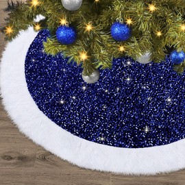 Dremisland Sequin Christmas Tree Skirt 36 Inch Luxury Faux Fur Tree Skirt Plush Christmas Decorations Thick Velvet Sparkly Xmas Tree Mats Holiday New Year Home Party Decor (Blue, 36inch/90cm)