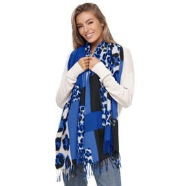 Glamexx24 Women's XXL Scarf Cuddly Warm Leopard Pattern 3 Coloured Fringe Poncho Scarf Oversized Blanket Scarf, Blue, White, Black