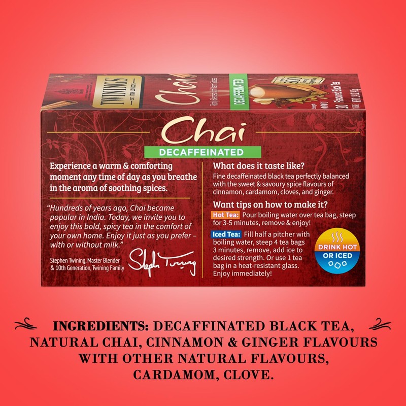 Twinings Decaffeinated Chai Tea, Black Tea Blend with Cinnamon, Ginger,