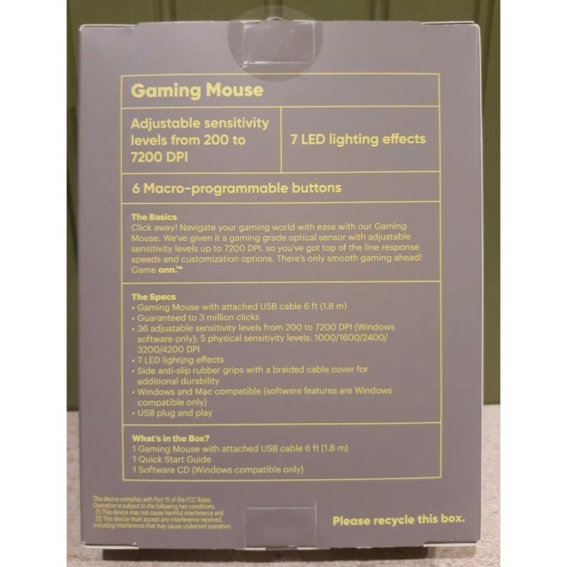 onn Gaming Mouse with Attached USB Cable LED Lighting Effects