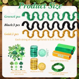 Yunlly 19 Pcs Green Tinsel Garland Decoration Include Green Tinsel Garland Lucky Coins Shamrock Cutouts for Wedding Carnival Mardi Gras St. Patrick's Day Parade Float Party Favor Home Window Decor